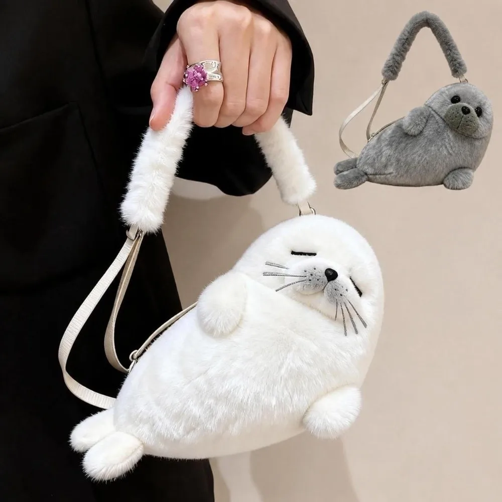 Soft Fluffy Cute Seal Shoulder Bag Lightweight Adjustable Straps Crossbody Bag Cartoon Plush Fabric Phone Bag
