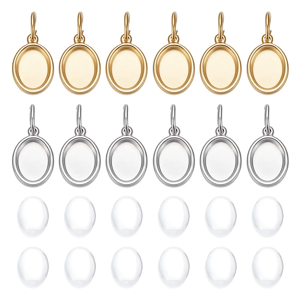 12pcs 2 Colors Oval Curved Edge Bezel Pendants Stainless Steel Blank Dome Cabochon Small Charm Tray 8x6mm with Glass Cabochons