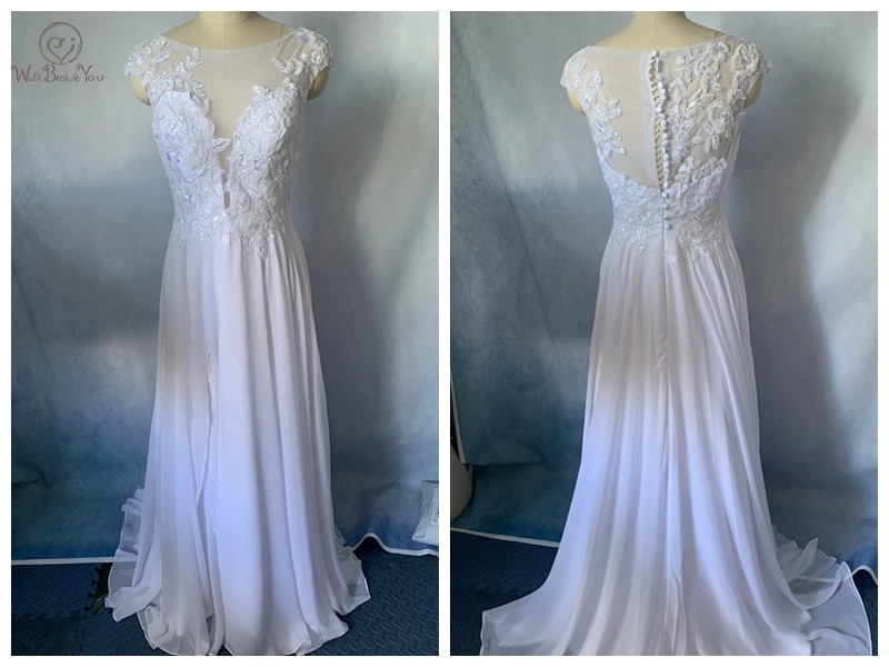 Chiffon Wedding Dresses Beaded Lace Applique Cap Sleeve Sheer Neck Illusion Buttons Bridal Gown with Slit Boho Simple image 3