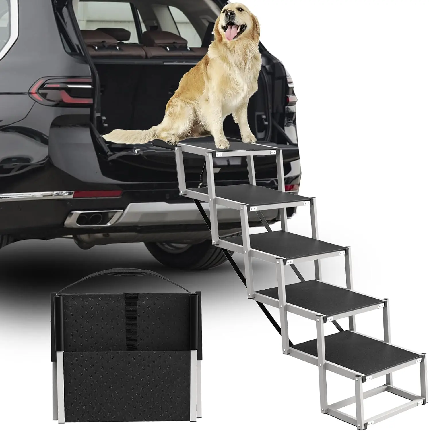 

5 Step Dog Stairs for Large Dogs, 16in Wide, 34in Foldable Ramp, Non-Slip, Supports 230lbs, for SUV, Truck, Sofas, Bed