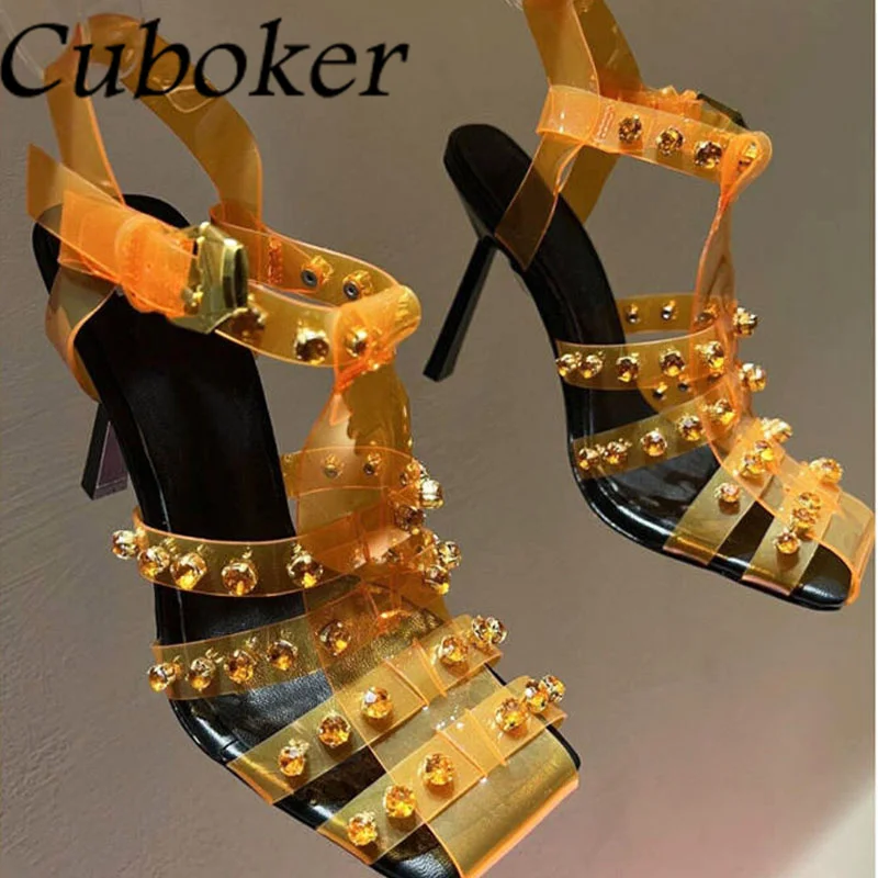 

2022 Summer Brand Runway Jelly Shoes High Heels Crystal Sandals For Women PVC Metal Ladies Slingback Square Toe Women's Shoes