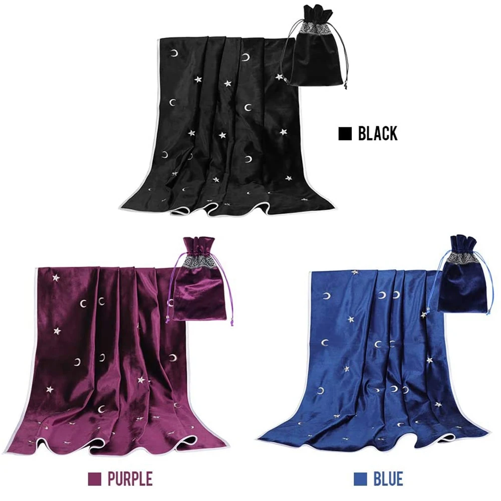 Toalha de mesa de tarô de altar, toalha de mesa de adivinhação de tarô de veludo com cartas de tarô, bolsa de jogo, toalha de mesa bordada de estrelas preta