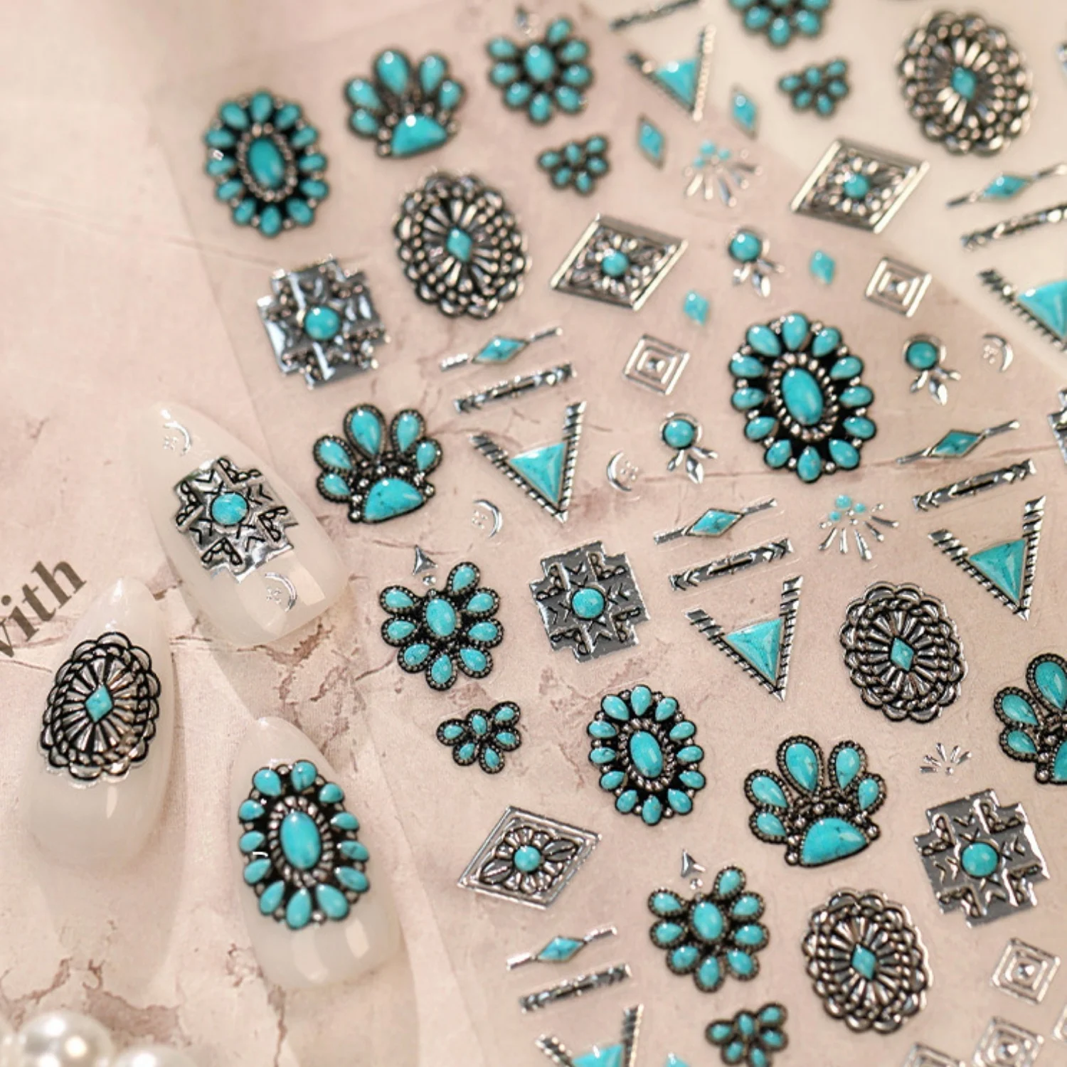 Cowgirl Retro 5D Nail Art Stickers Turquoise Geometric Metal Triangle Rhombus Tribal Motif Vintage Self Adhesive Decals Cowgirl