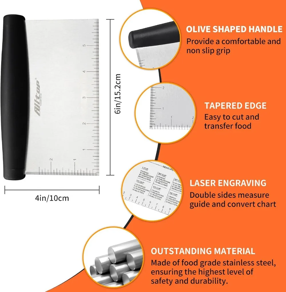 Stainless Steel Bench Scraper & Chopper - Multipurpose Baking Tool for Dough, Pizza, Cake, 1 Pack, Black