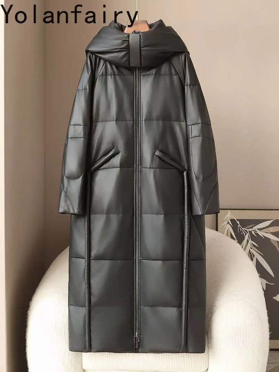 YOLANFAIRY Genuine Leather Jacket Woman Hooded Winter Long Real Sheepskin Leather Down Coat Women Trend Goose Down Coats Puffer
