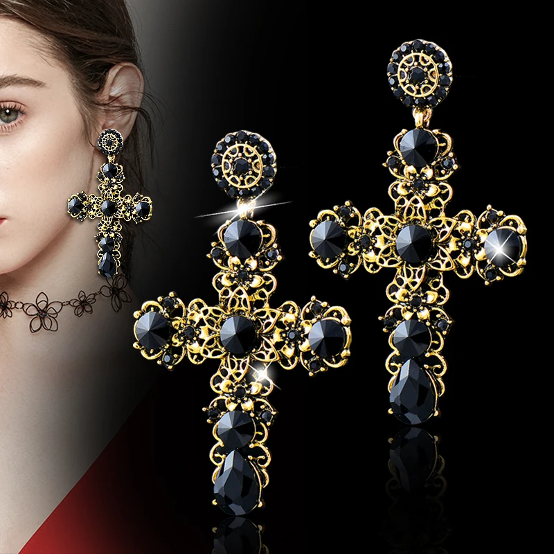 SINLEERY Vintage Black Cubic Zirconia Big Cross Drop Earrings for Women Trend Punk Fashion Party Jewelry Accessories ES380