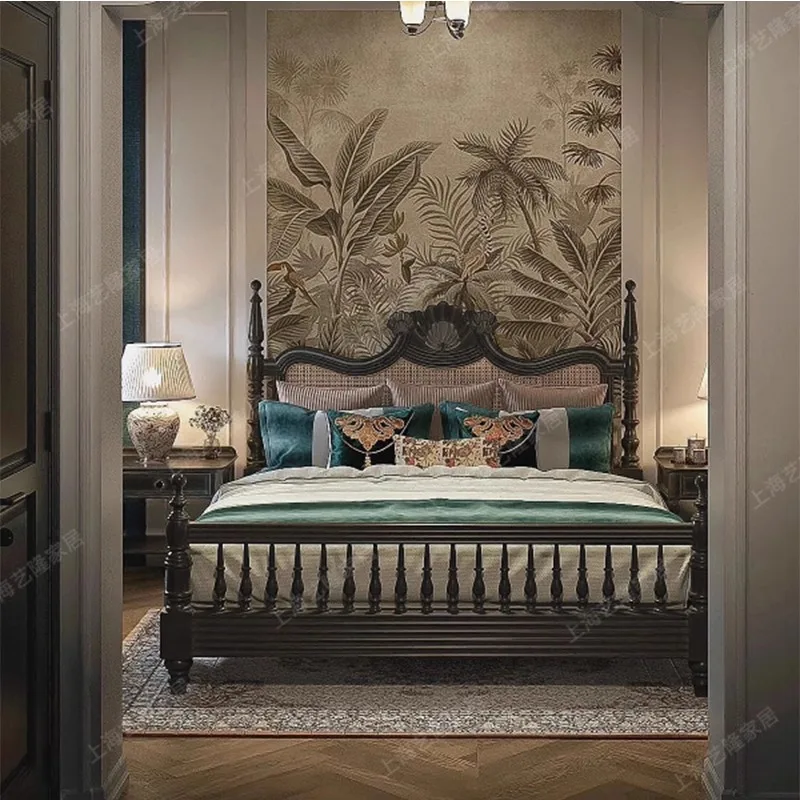 

Solid wood bed rattan carved pillar bed bedroom furniture