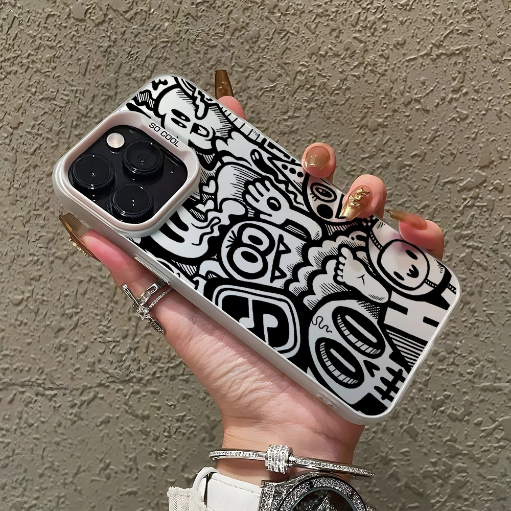 Caroon Black Graffiti Phone Cases for Apple iPhone 16 15 14 Plus Case 11 12 13 Pro Max XR XS X 7 8 Shockproof Bumper Cover