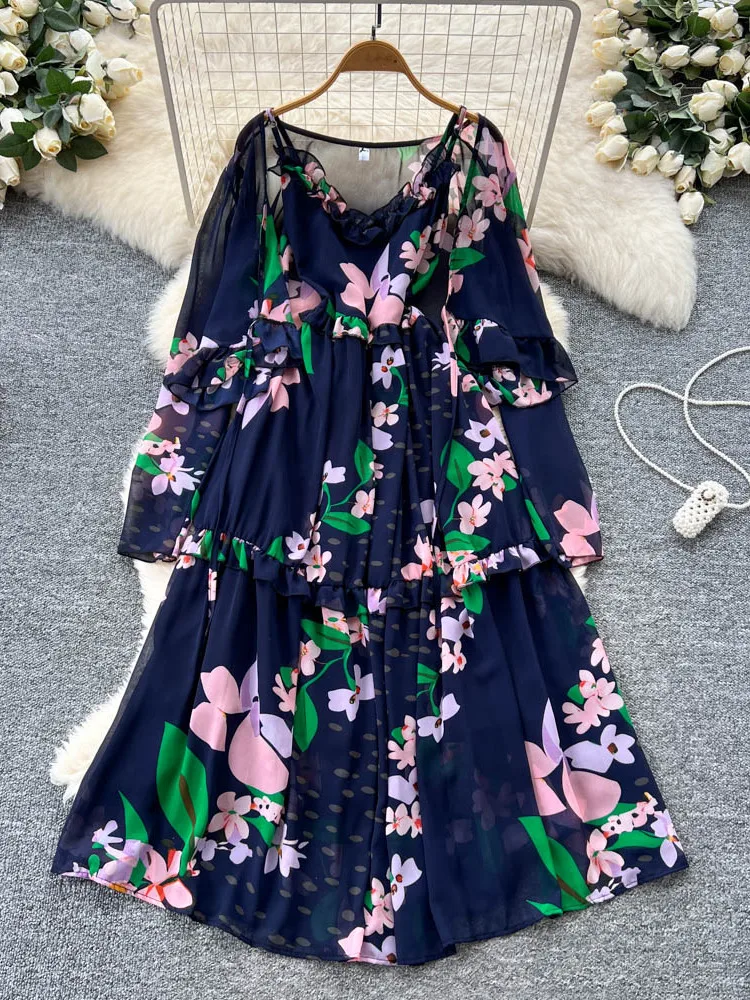 Vestido F de Manga Longa com Estampa Floral Retrô, Estilo Solto em A, Cintura Alta, Fibra de Poliéster, Versão Coreana...