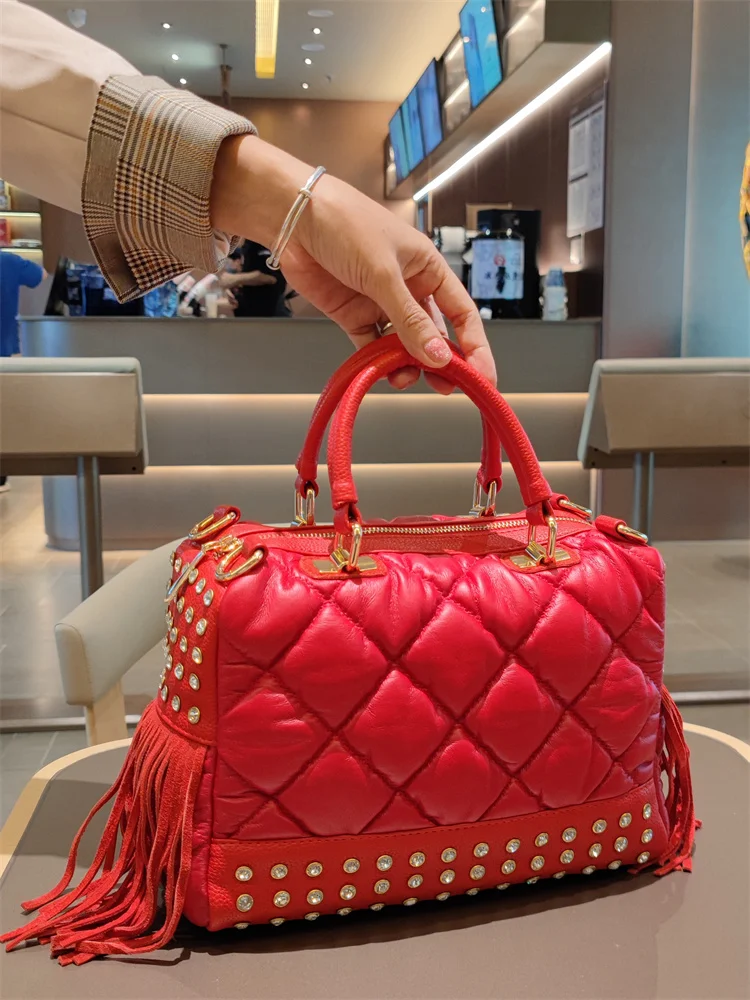 Soft Red Leather Women's Handbags Female Luxury Fashion Tassels Diamonds Rivet Bag Single Shoulder Crossbody Bags 2024 New