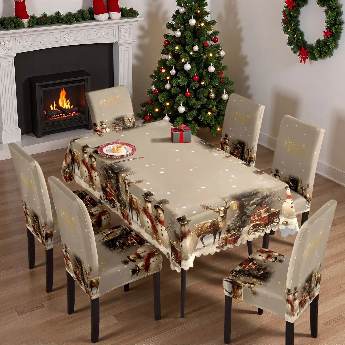 5/7pcs Vintage Christmas Tablecloth & Chair Covers Set with Snowman & Reindeer Print, Elastic Slipcovers for Dining Room