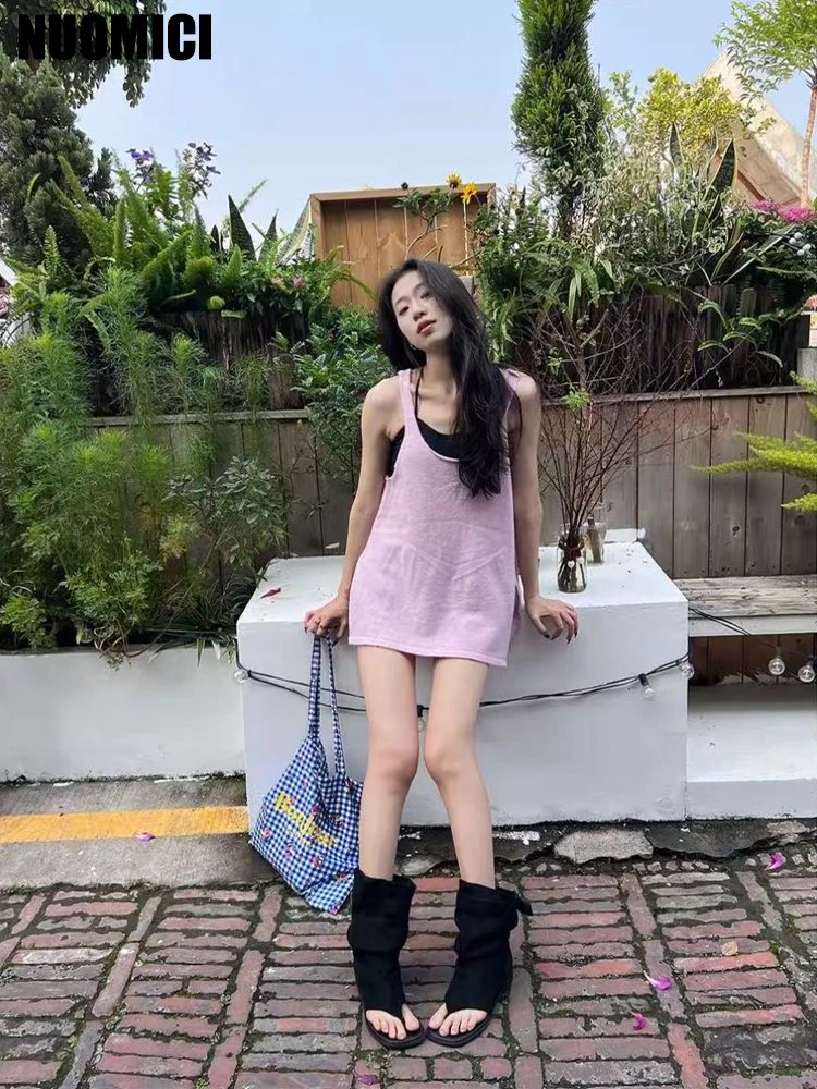 

NUOMICI Light Purple Knitted Camisole For women Summer Outerwear Sweet Loose Casual Style Sleeveless T-shirt Women's tops Chic