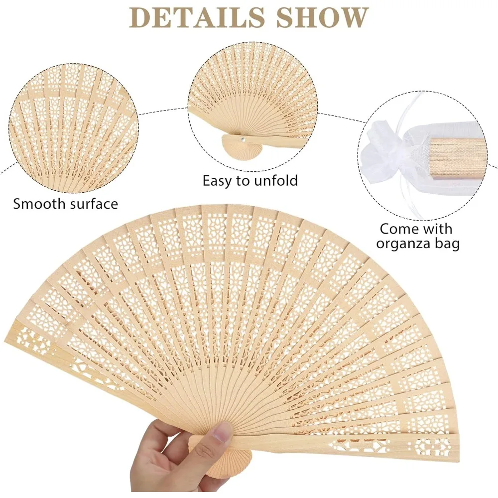 Imagem -03 - Sandalwood Folding Fans com Bolsas de Presentede Mão Vintage para Presentes de Casamento Favor de Festa Decoração de Casa 60 Peças Fãs