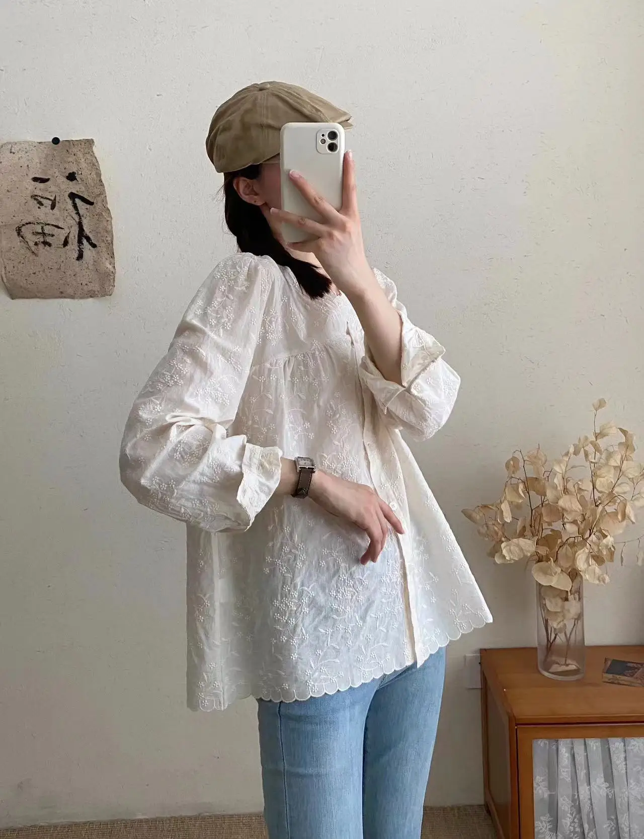 New 2025 Autumn Long Sleeve Cotton Shirt, Women V Neck Floral Embroidery, Mori Girl Retro Temperament Chic Loose Blouse T59878CC