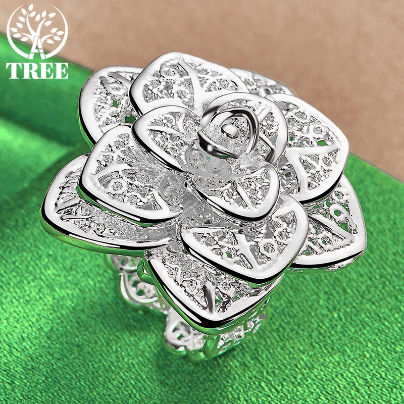 Anillos de plata de ley 925 para mujer, sortija ajustable con forma de flor rosa, para fiesta, cumpleaños, compromiso, boda, regalo de joyería