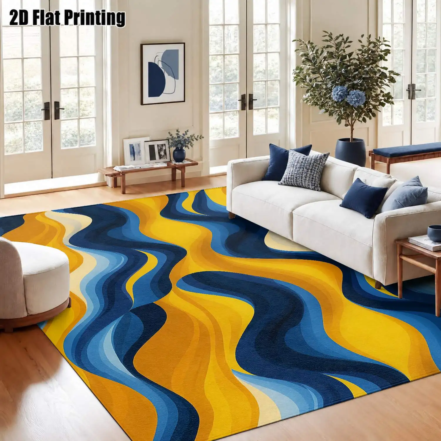 1Pc 2D Printed Carpet with Yellow and Blue Abstract Wave Patterns, Nordic Modern Minimalist Geometric Striped Instagram Style Floor Mat, Home Decor, Multi-Size, Machine Washable, Suitable for Entrance, Living Room, Bedroom, Dining Room, Foyer