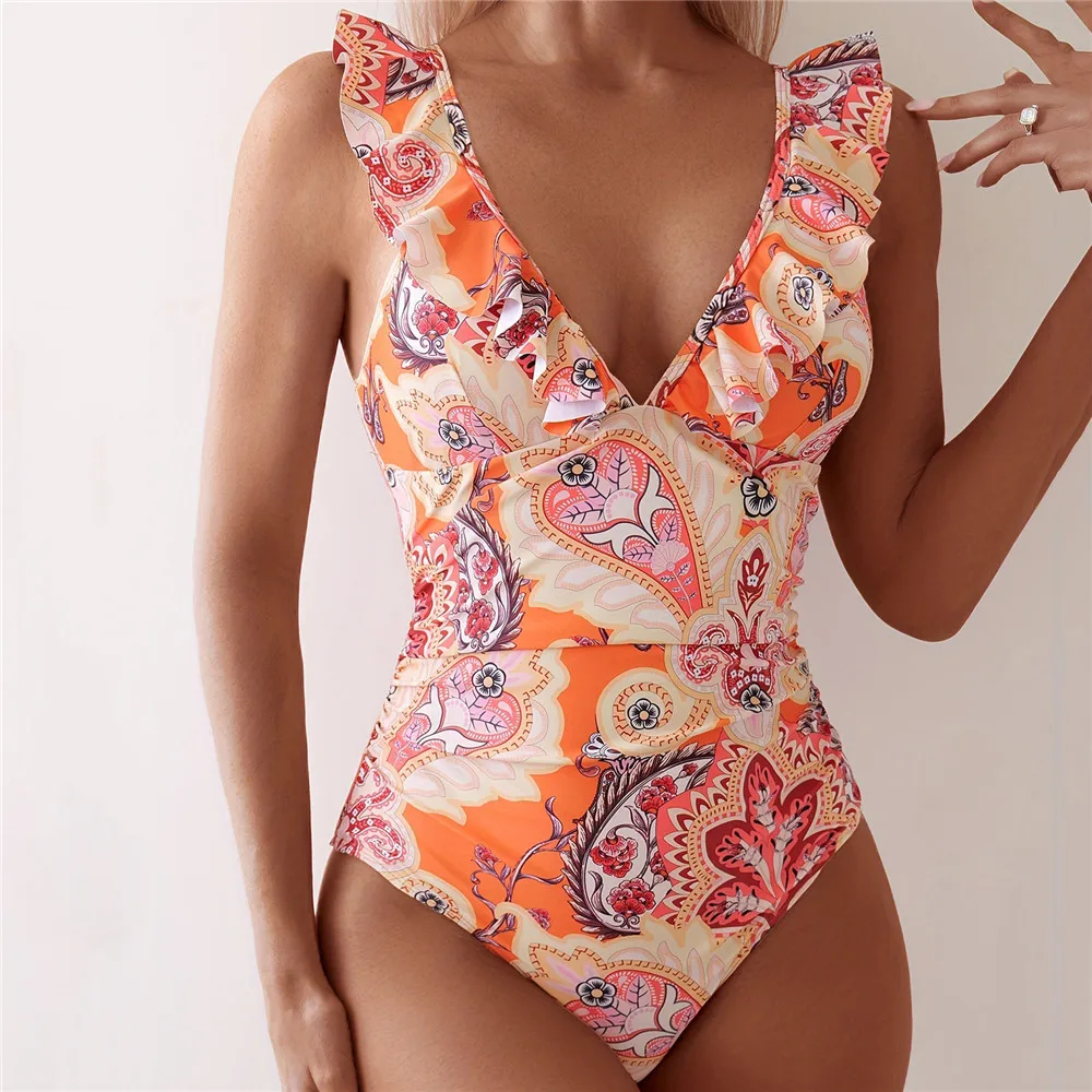 

Orange Flower Print Backless Swimwear Ruffle V Neck Swimsuit Woman One Piece 2025 Back Lace-up Bathing Suit Ruched Swimming Wear