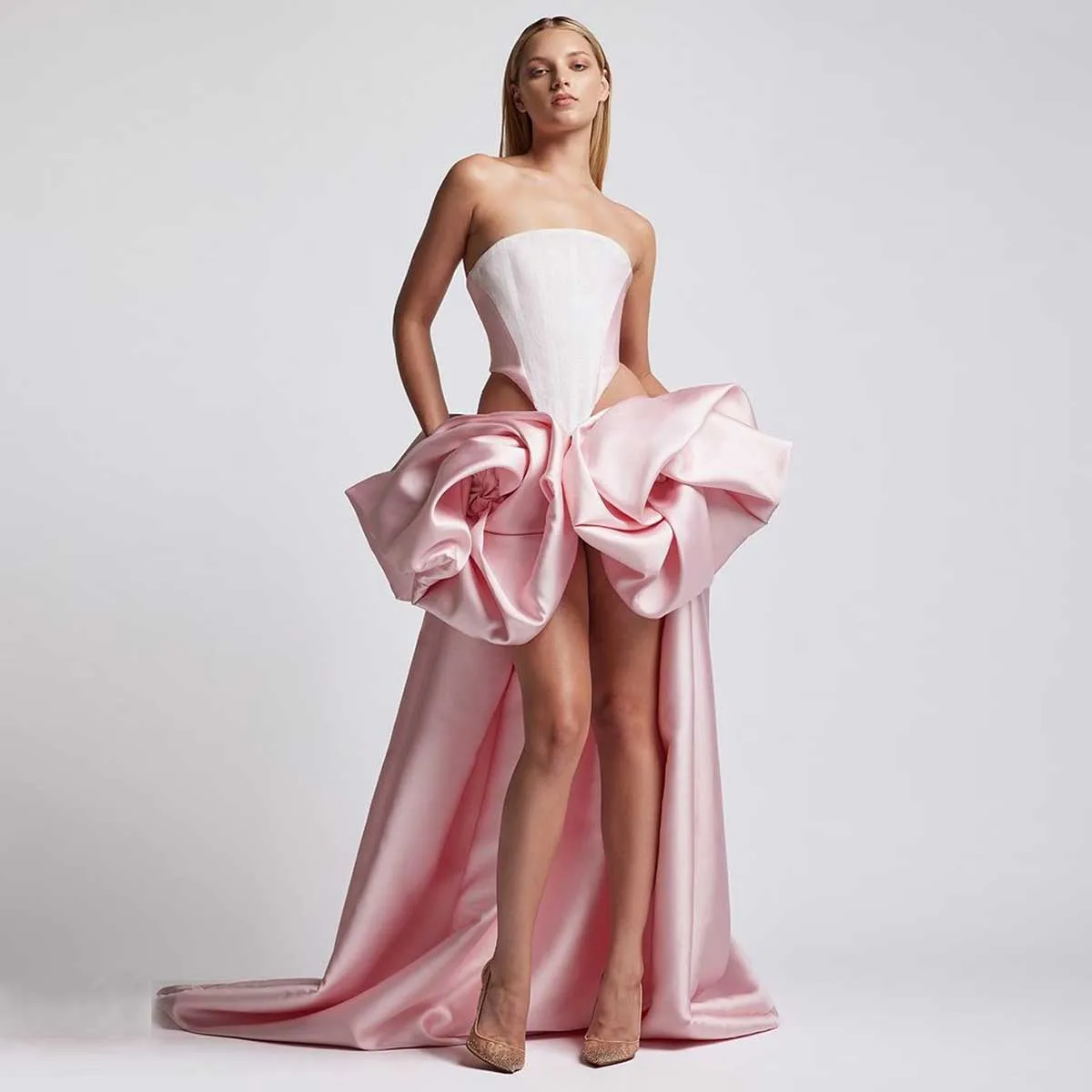 Chic Rose Flower High Low Prom Party Dresses Blush 3D Hand Rose Formal Occasion Dress Strapless Birthday Wear Hi Low Prom Gowns