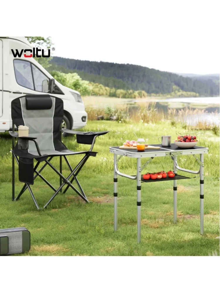WOLTU Höhenverstellbarer, klappbarer Campingtisch mit Aufbewahrungsnetzhaken, Aluminiumrahmen, tragbarer Outdoor-Tisch für Garten, Picknick, Grillen