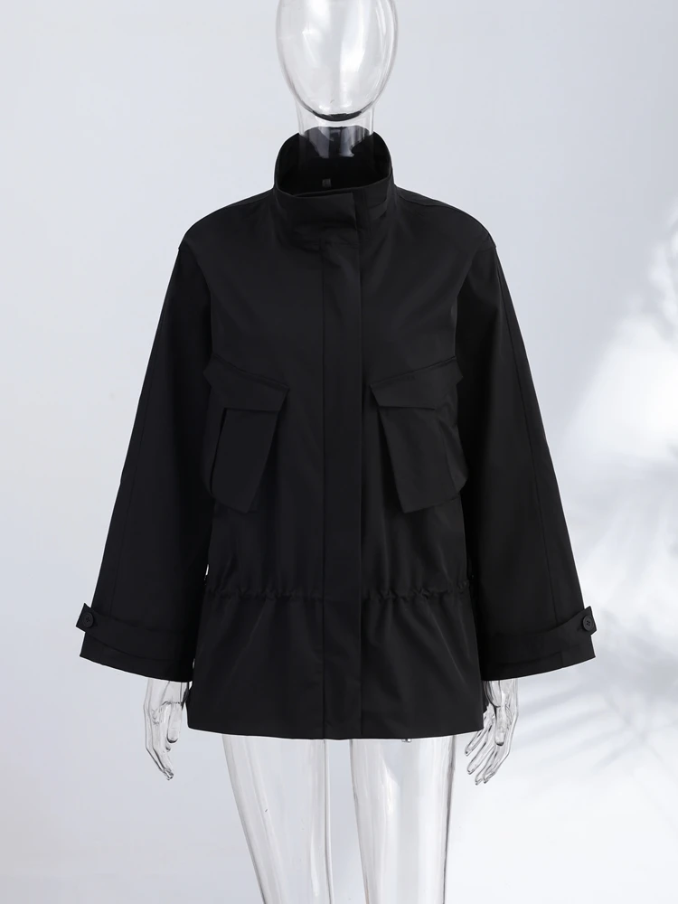 Stehkragen Langarm Oversize-Jacken für Damen Streetwear Große Taschen Kordelzug Taillenschnürung Schlanke Mäntel Frühling Damen-Oberbekleidung – Detail 5