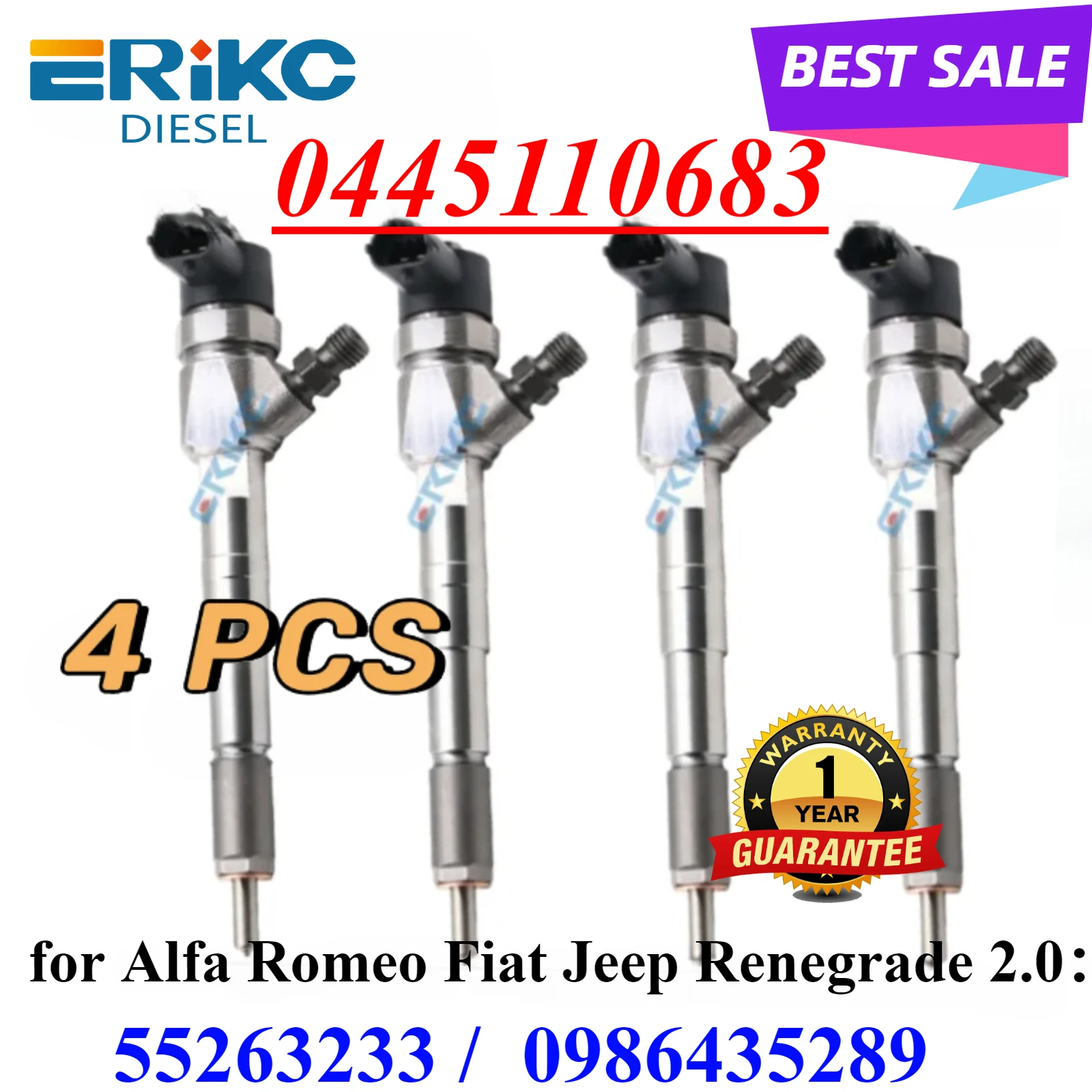 4PC 0445110683 55263233 Common Rail Diesel Injector 0 445 110 683 Auto Engine Assembly for Fiat Jeep Renegrade 2.0 Jeep Compass