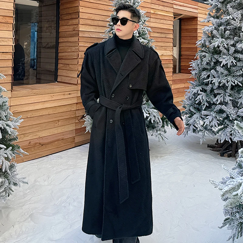 LUZHEN Korean Stylish Men's Elegant Woolen Long Trench Coat 2024 Double Breasted Outwear Knee Length Trendy Belt Decorate LZ5226