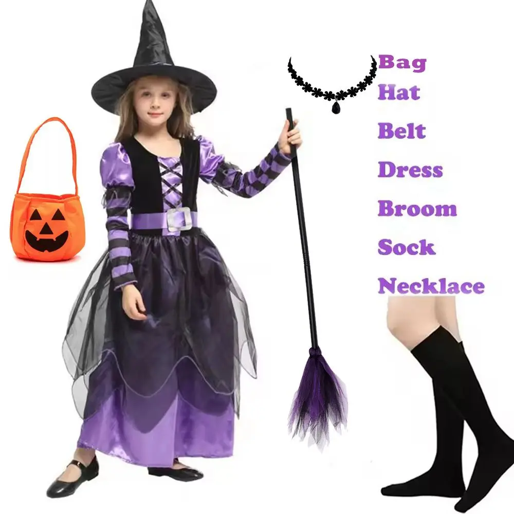Halloween Children Purple Witch Costume Girls Fairytale Wizard Dress Kids Clothes Baby Bat Spider Party Cosplay Outfit 2-12T