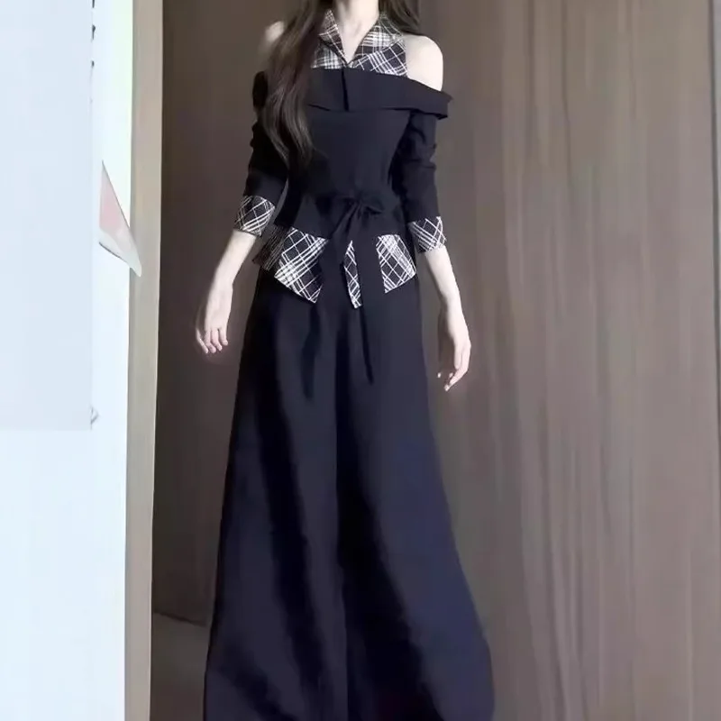 

Весенний комплект из двух предметов: топы с воротником-халтер и широкие брюки в клетку, 2026, корейский уникальный и очень стильный женский костюм