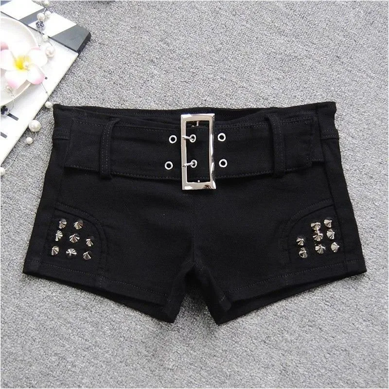 

Black Sexy Hot Girl Low-Waisted Jean Shorts Woman American Retro Elastic Slim Ultrashort Jeans Gothic Y2K Rivet Denim Shorts