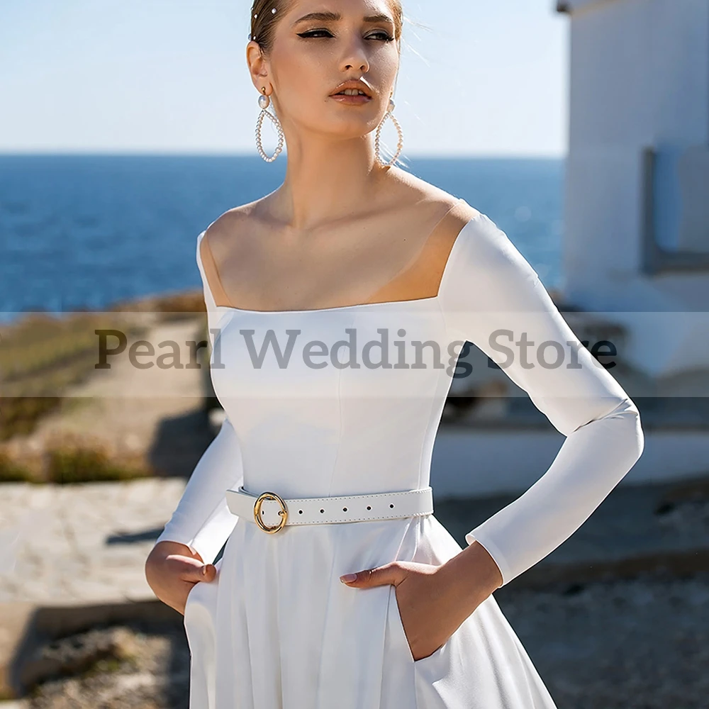 Pmwrun Elegante Hochzeit Kleid Square Neck Langarm Gürtel und Bodenlangen A-Line High-end-Satin Heiraten Bridel Kleider multi Größe