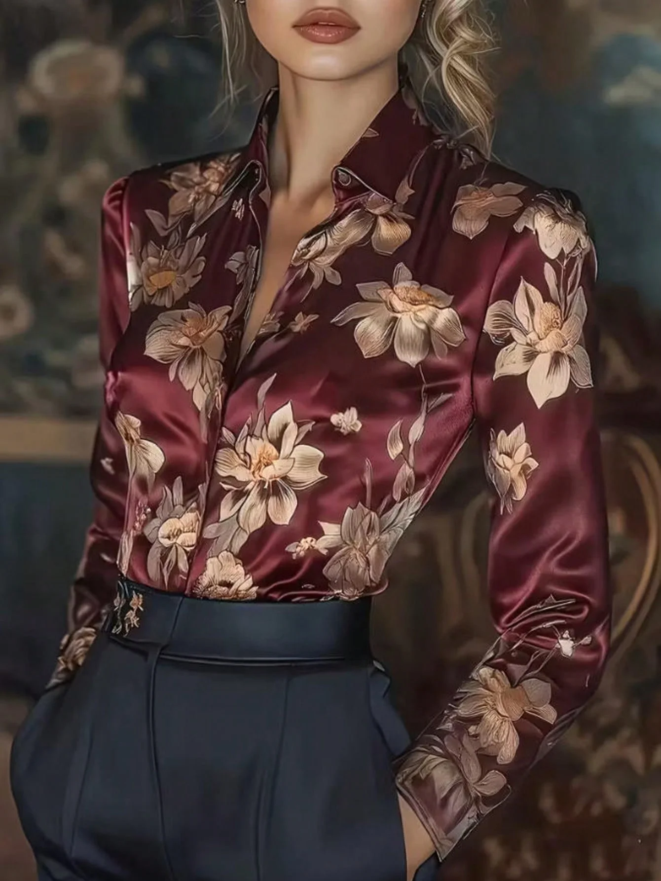 Single-Piece All-Over Floral Print Satin Button-Down Long-Sleeve Shirt for Vacation, Festival, Office, Daily Wear, Birthday Party, Homecoming Party, Spring, and Autumn