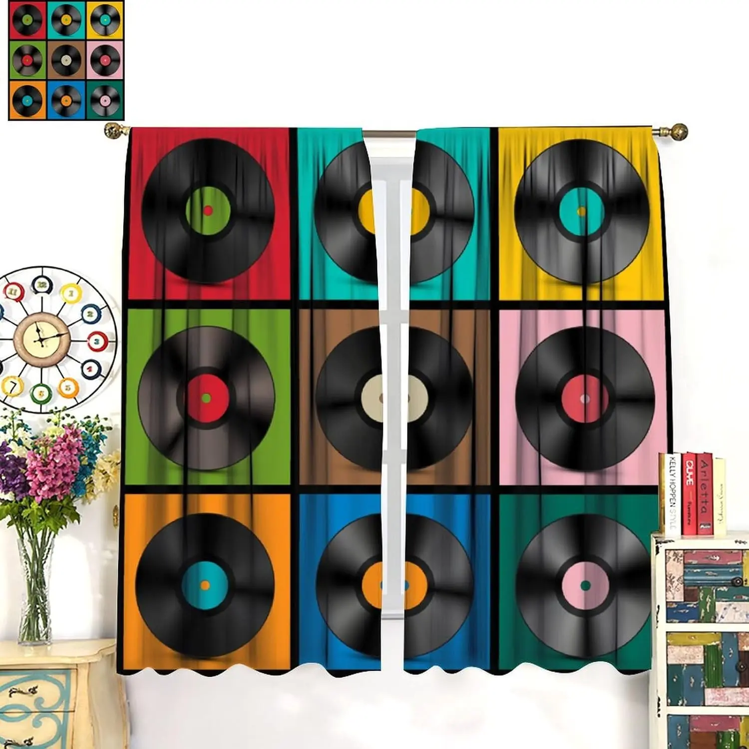 ستائر الموسيقى الرجعية، سجلات الموسيقى، ألبوم القرص الموسيقي، ديكور جيتار الروك، معالجات نافذة الجيب للأطفال الأولاد والبنات