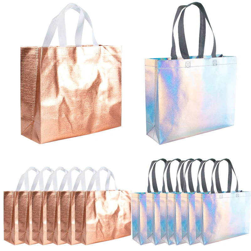 6pcs Laser Silver Tote Bags Rose Gold Grocery Bag Reusable Gift Bag Waterproof Non Woven Shopping Bag Wedding Gift Packing Bag