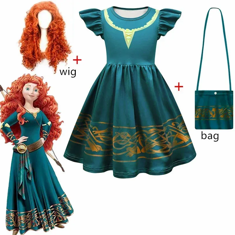 

Halloween Girls Merida cosplay Dress Brave Performance Costume Summer Birthday Party Green Gothic Vintage Dresses Wig