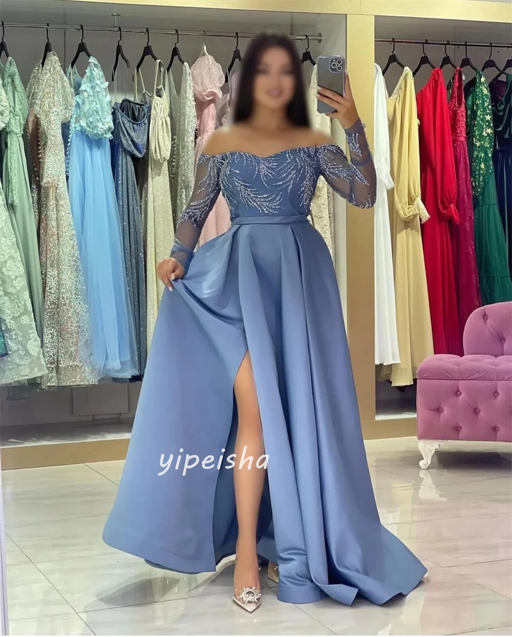 Customized Classic Elegant Jersey Sequined Beading A-line Off-the-shoulder Long Dresses Bespoke Occasion Dresses Matching Retro