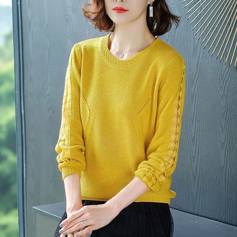 Women Trendy Hollow Lace Patchwork Elegant Knitwear Korean Solid O Neck Loose Pullover Tops Casual Long Sleeve All Match Sweater