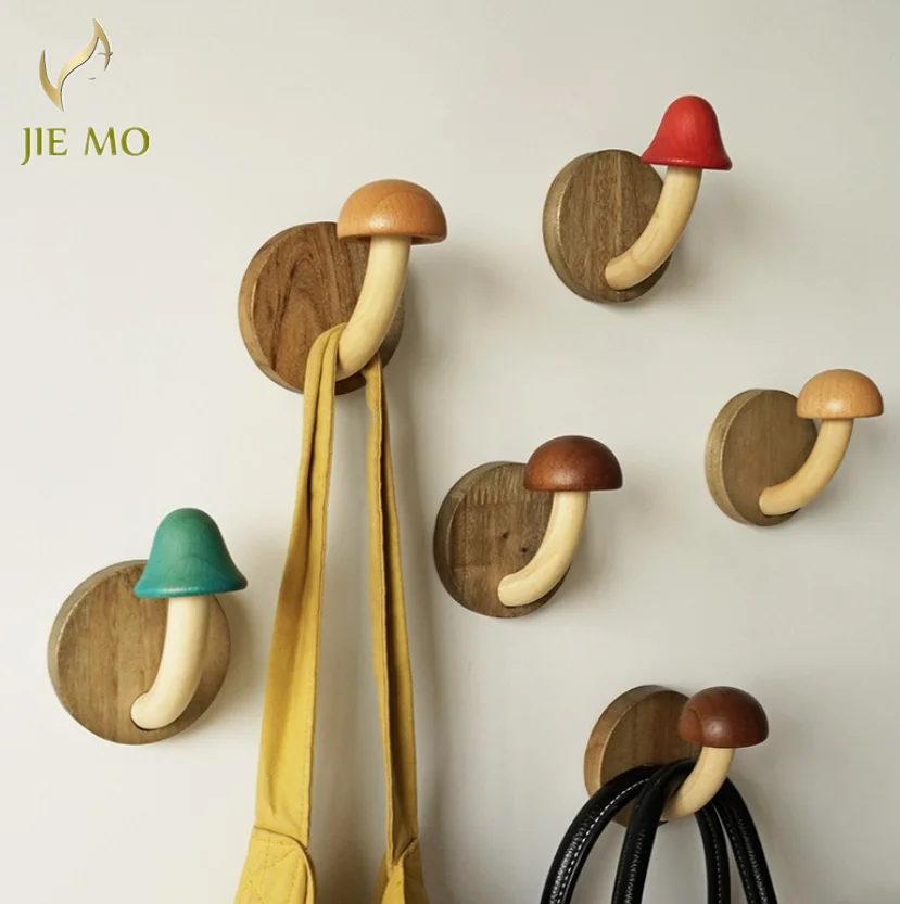 Creative wood mushroom coat and hat hook Punch-free wood coat hook Nordic log coat hanger door behind hook