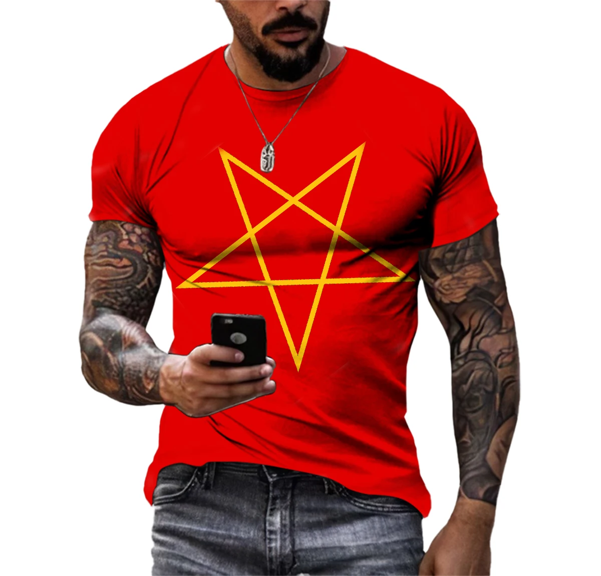 Summer Fashion Creative Pentagram Pattern 3D Printing Men\'s T-shirt Handsome Short-sleeved Fitness Sports Quick-drying Clothes