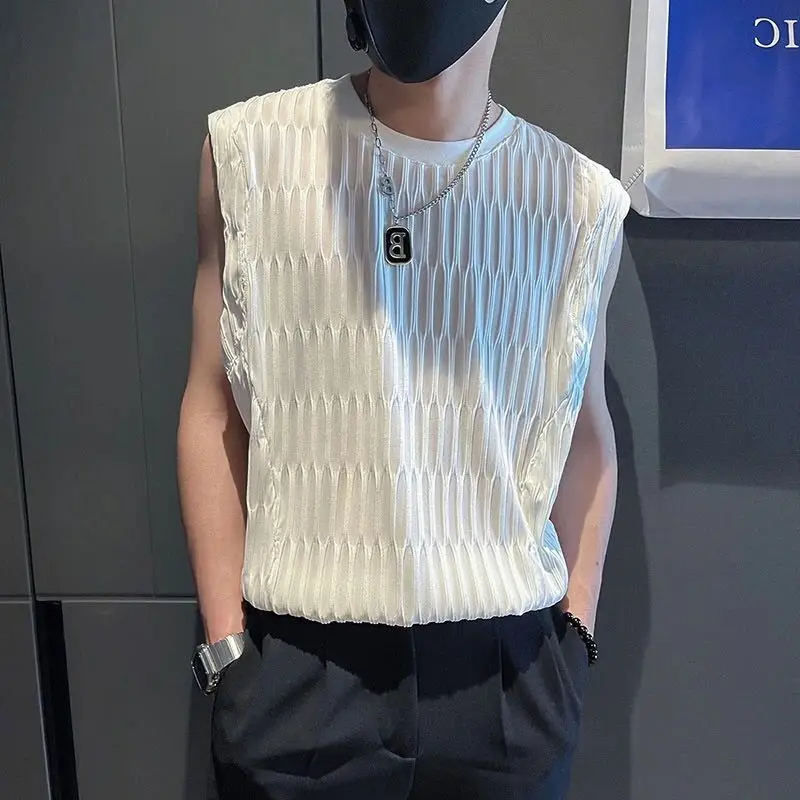 Summer Men's 2024 New Pullover O-Neck Patchwork Screw Thread Fashion Solid Comfortable Fit Versatile Sleeveless T-shirt Tops