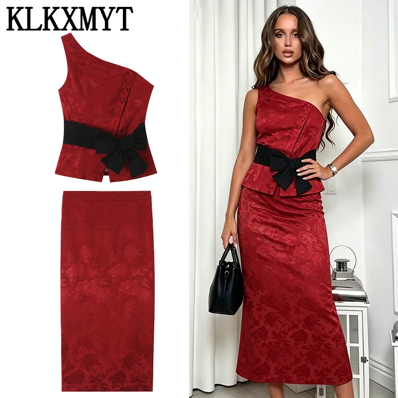 KLKXMYT Flower Jacquard Elegant Midi Skirts Two Piece Sets For Women 2026 Summer Asymmetry Belt Top Suits Woman 2 Piece Outfits
