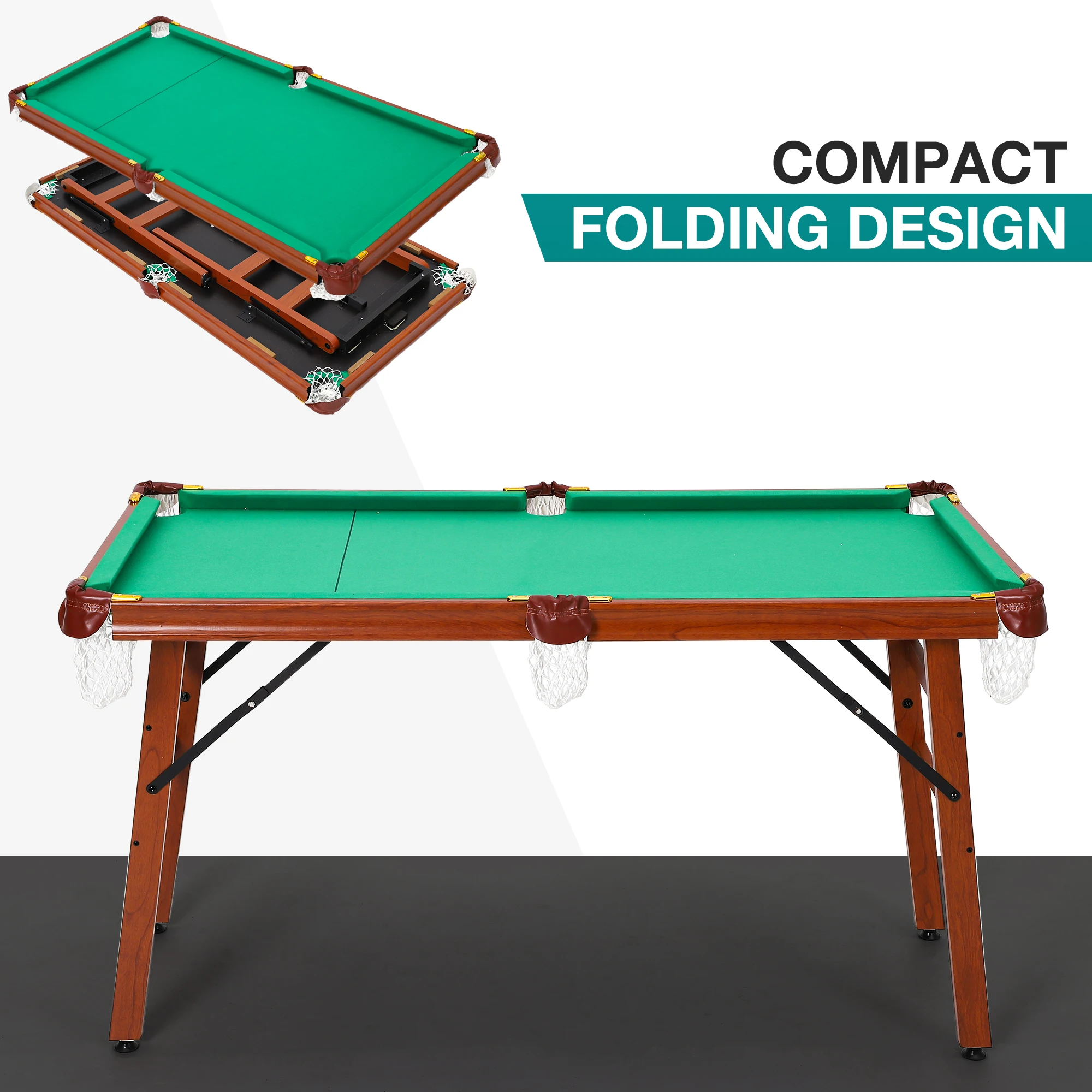 4.5 ft Folding Billiards Table Portable Foldable Billiards Table for Kids and Adults Pool Game Table with 2 Cue Sticks 16 Balls