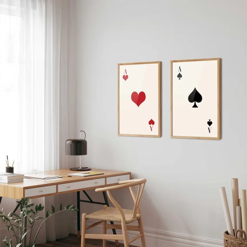 2pcs Ace Posters Playing Cards Wall Art Print, Ace Wall Decor, Ace of Hearts Poster, Ace of Spades Frameless Canvas Wall Artwork