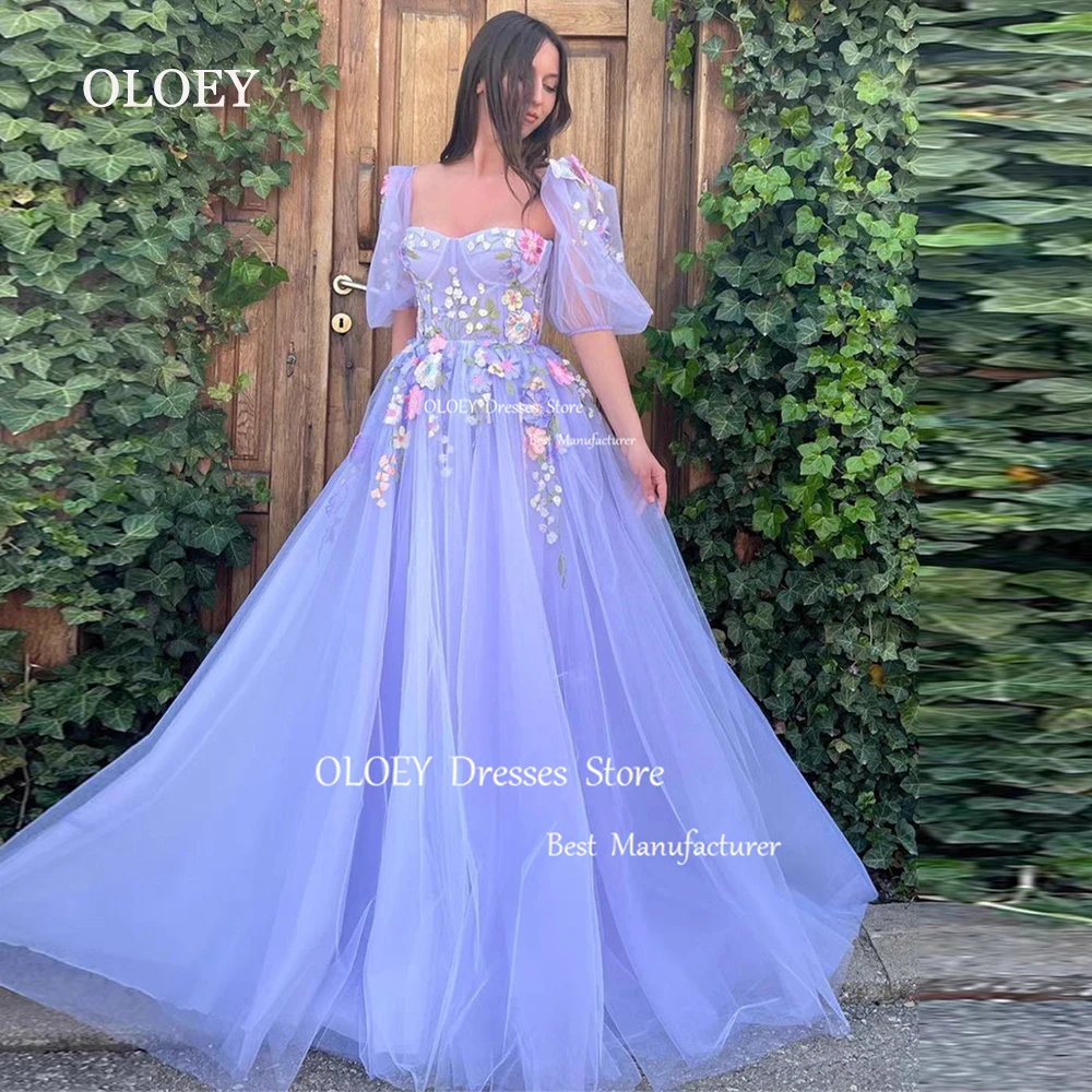 

OLOEY Light Purple Embroidery Floral Prom Dresses Wedding Photoshott Puff Sleeves Soft Tulle Long A Line Bridesmaid Dress Sweet