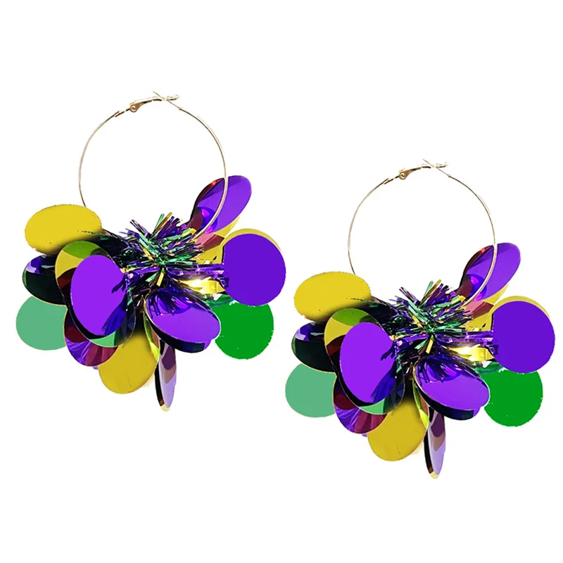 Shining atmosphere sequins mask elements earrings exaggerated purple yellow green plastic flower cutting carnival party earrings