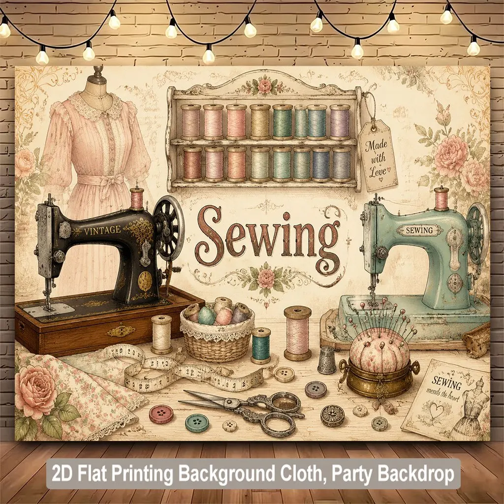 1 pièce de tissu de fond plat 2D, machine à coudre vintage et outils associés, bannière de présentation, adaptée au DJH 2D