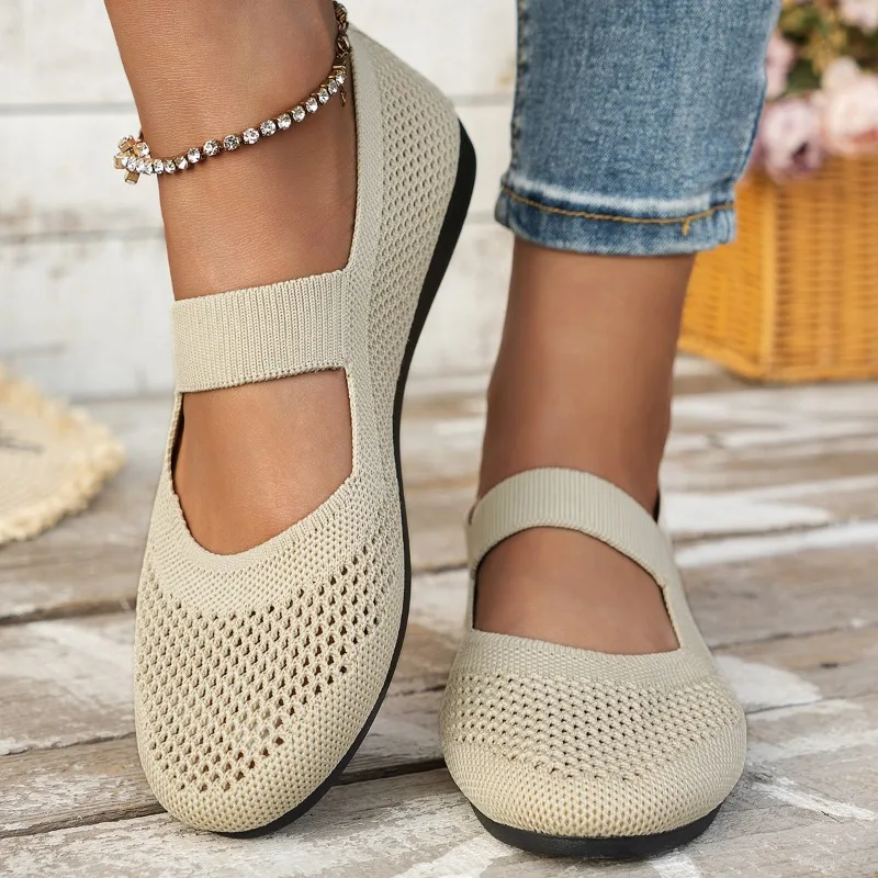 Simple and fashionable round-toe knitted women's shoes, elegant autumn women's flat shoes, large size for comfortable daily wear