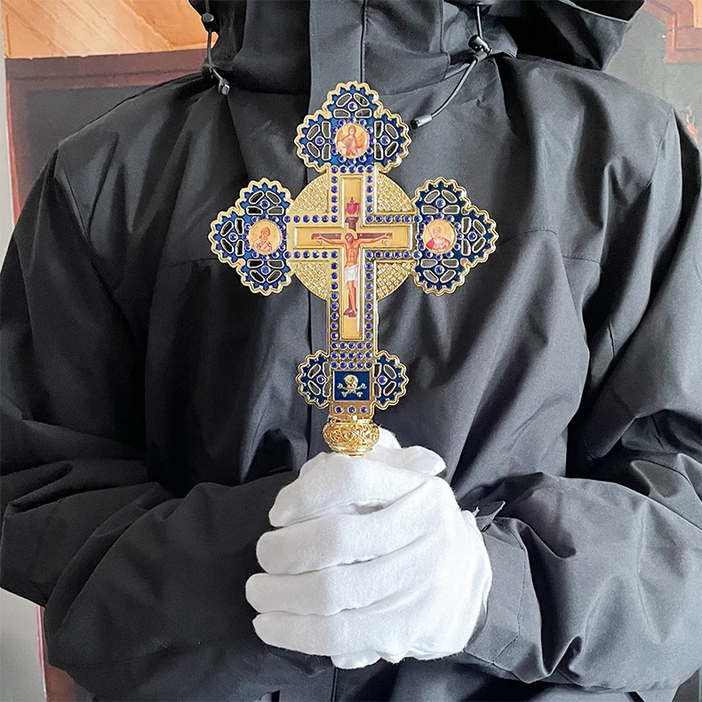 Neues Orthodoxes Segenskreuz aus Goldmetall mit Emaille und Strasssteinen, Ikonen-Kruzifix für Kirchen, religiöse Zeremonien, Altar-Gebetsdekoration, Geschenk – Detail 1