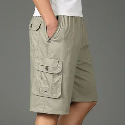 2024 Shorts Men Bermuda Cotton Pocket Zip Cargo Shorts Fashion Style Elastic Army Male Summer Casual Knee Length Vintage Yellow