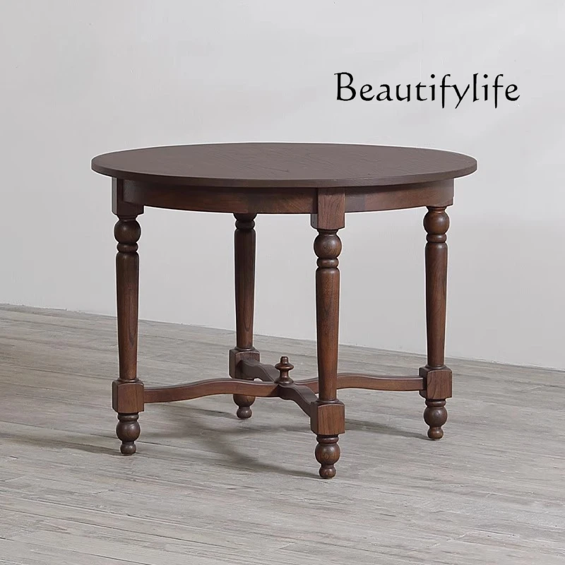 

French retro solid wood round table, American country old home round table designer furniture
