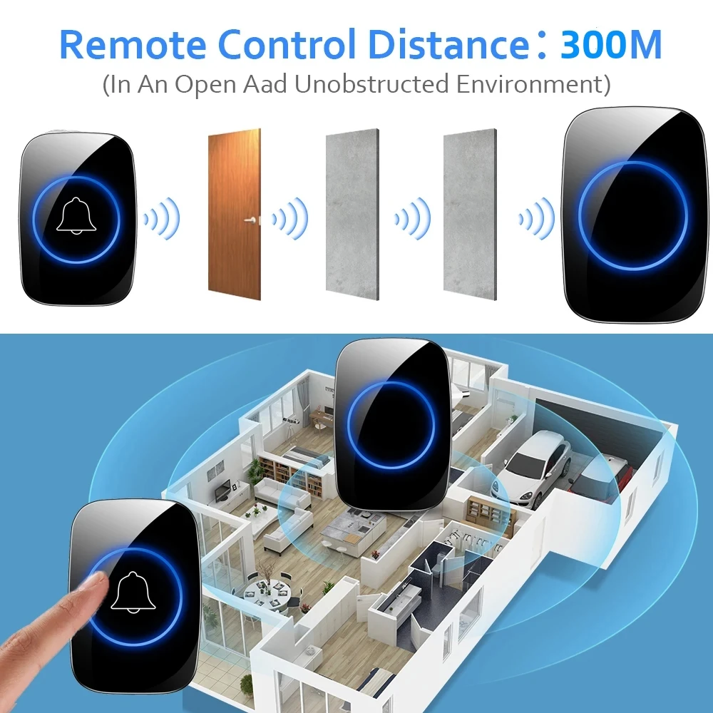 Bel pintu nirkabel 433mhz, Kit bel pintu rumah pintar tahan air Alarm keamanan lampu kilat LED menerima rumah melodi colokan EU/US